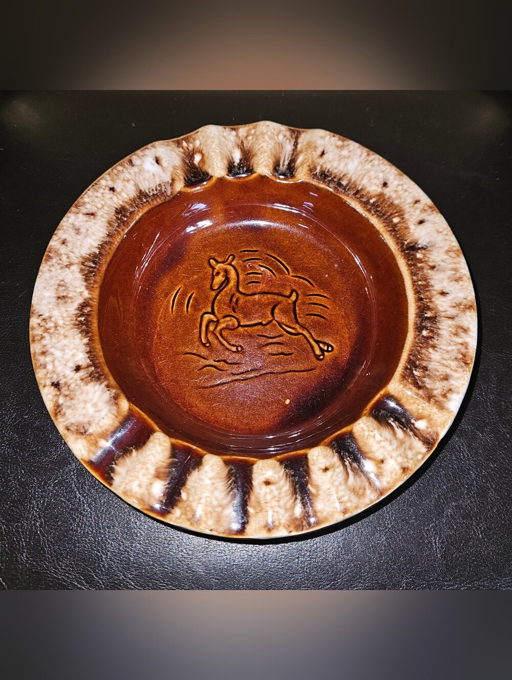 Vintage Hull USA Pottery Ashtray Running Deer Brown Drip Glaze